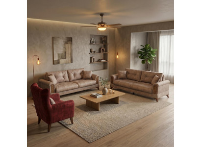 Sofa Set 2x 3 Sitzer 1x Sessel Modern Braun Rot Luxus Couch Garnitur