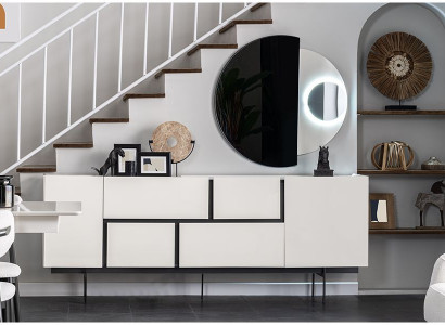 Weiß-Schwarze Esszimmer Anrichte Spiegel Luxus Wandkommode 2tlg Set