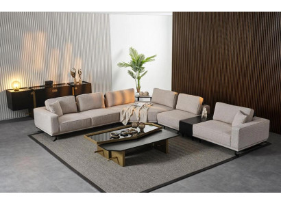 Beiges Ecksofa L-Form, 8-teilig, Modern, Mit Kissen, Couchtische