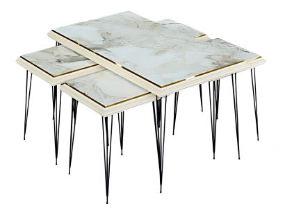 Weißer moderner Couchtisch mit Beistelltischen aus MDF und Edelstahl