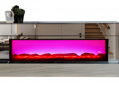 TV-Lowboard in eleganter Hochglanzausführung mit Holzsockel und Kamin