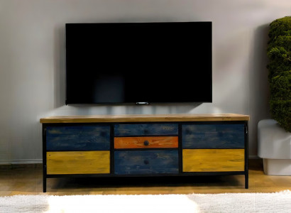 TV-Möbel aus Holz im auffälligen Vintage-Stil mit farbig lackierten Schubladen