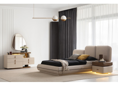 Beige Schlafzimmer Designer Garnitur Polsterbett Nachttische Spiegel