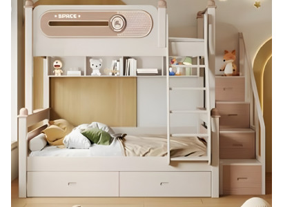 Etagenbett Beige Holz mit Leiter Stockbett Doppelstockbett Jugendbett