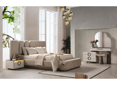 Beige Schlafzimmer Set: Bett mit 2 Nachttischen – Luxuriöse Möbel