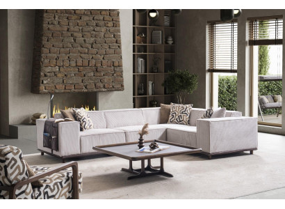 Beige Eckcouch Designer Holz Couchtisch Wohnzimmer Polster Möbel