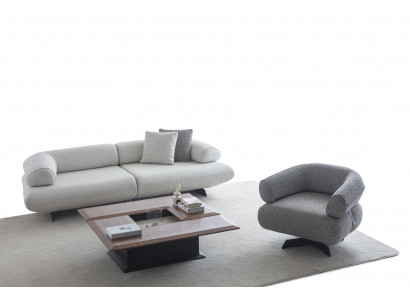 Weiß-graues Wohnzimmer Set Designer Stoffsofa Sessel Holz Couchtisch