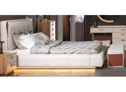 Beige Schlafzimmer Set Bett Nachttische Bank aus Holz Textil