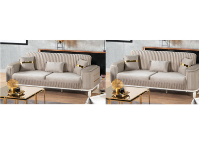 Stilvolle Beige Polstergarnitur Designer Dreisitzer Stoffsofas Couch