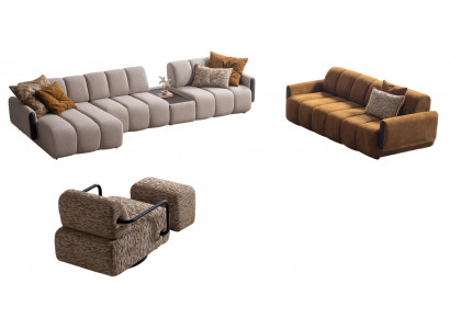 Stilvolle Wohnzimmer Sitzgarnitur Polster L-Form Couch Hocker Sessel