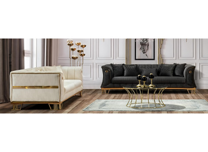 Stilvolle Schwarz-Weiße Sofagarnitur Designer Gold Elemente 3-Sitzer