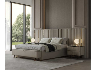 Beige Schlafzimmer Garnitur Designer Polsterbett 2x Holz Nachttische